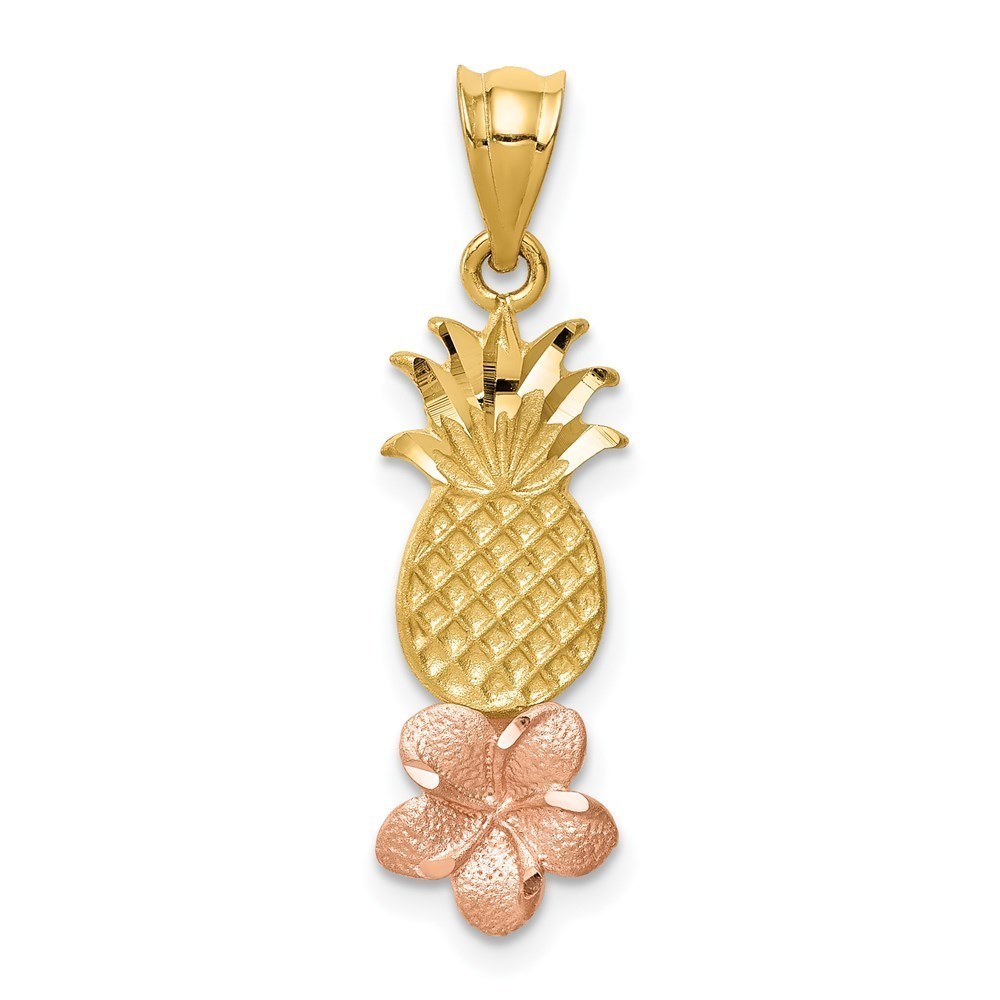 14K Yellow and Rose Gold Pineapple W/ Plumeria Necklace Charm Pendant